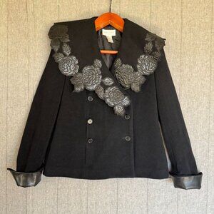 Vintage Newport News Black Wool Blend Faux Leather Floral Applique Collar Coat